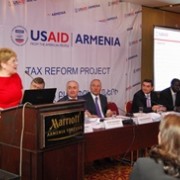 USAID Armenia Mission Director Karen Hilliard speaks at the public presentation of survey results.